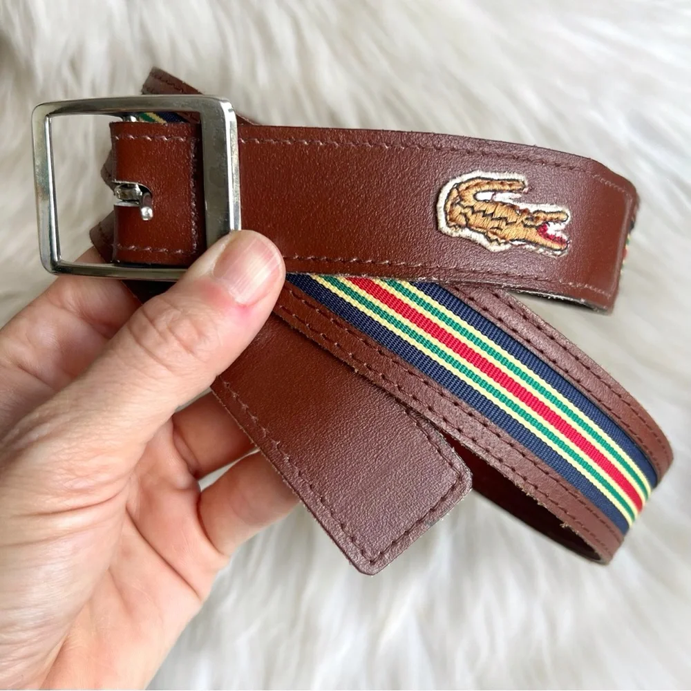 Lacoste Vintage Brown Leather Striped Belt Silver Buckle 1980s 37-38.5 Unisex